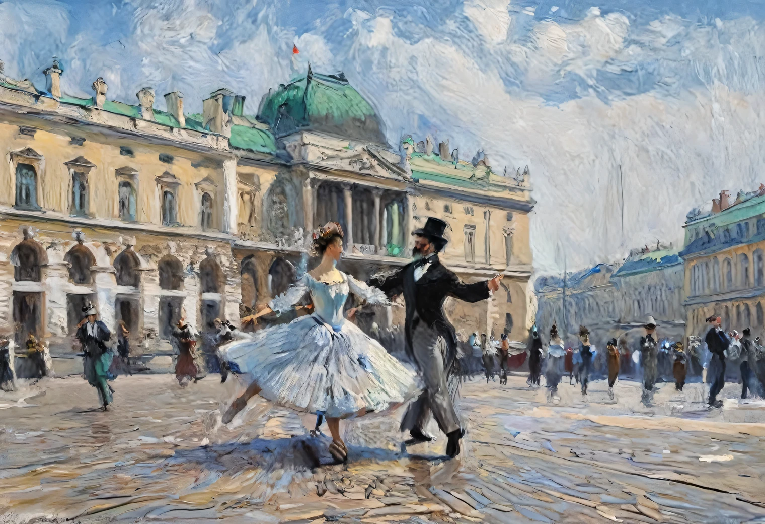 Painting by Claude Monet street dancer on the palace square of St. Petersburg, oil on canvas, full compliance with the style of Claude Monet