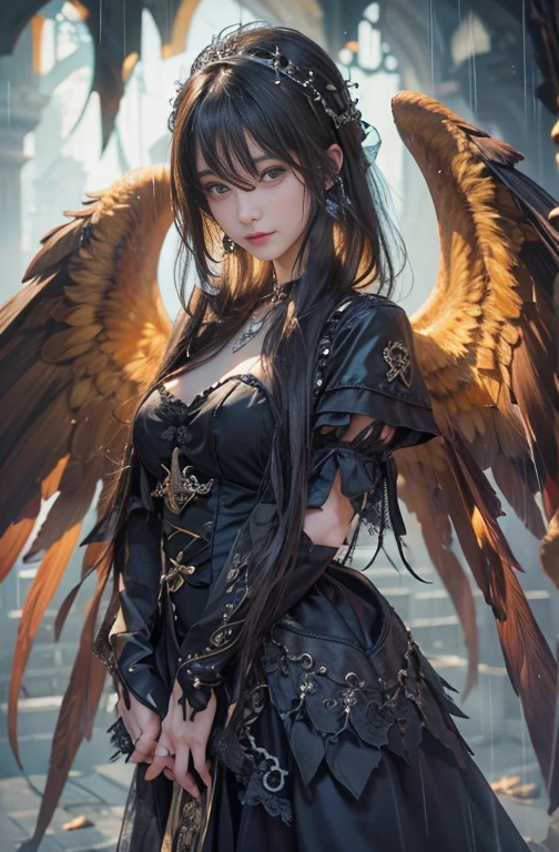 (masterpiece:1.3), (8k, Realistic, RAW Photos, Best image quality: 1.4), Fair-skinned fairy woman、blow long hair、Hair blowing in the wind、Cleavage:2.0、Highly detailed face、Attention to detail、double eyelid、Chest to chest、Sharp focus:1.2、Beautiful woman:1.4、 Brunette Hair、highest quality、masterpiece、超A high resolution、(Realistic:1.4)、Highly detailed and professionally lit smiles, Gothic Costume、Dark Street ,Shoulder out、thin、Serious expression、black goth fashion：1.2 , Short-haired、Deadly position, Gorgeous Necklace , one person、whole body, Giant black angel wings on the latissimus dorsi、Rainy , Yellow Eyes、both hands, Perfect Fingers.