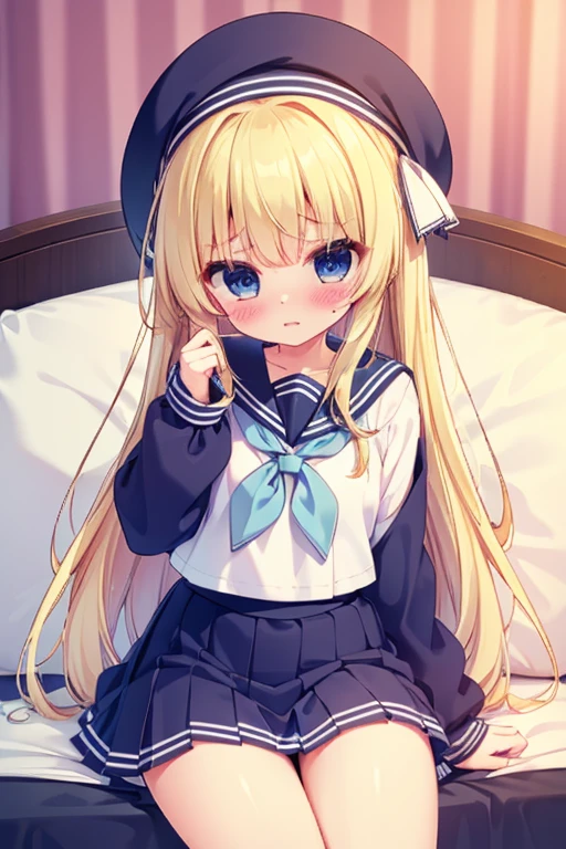 Beautiful long blonde　blue eyes　Embarrassing　Tears are overflowing from my eyes　A girl wearing a long-sleeved sailor suit　Pleated skirt　mini skirt　No underwear　Sitting handjob