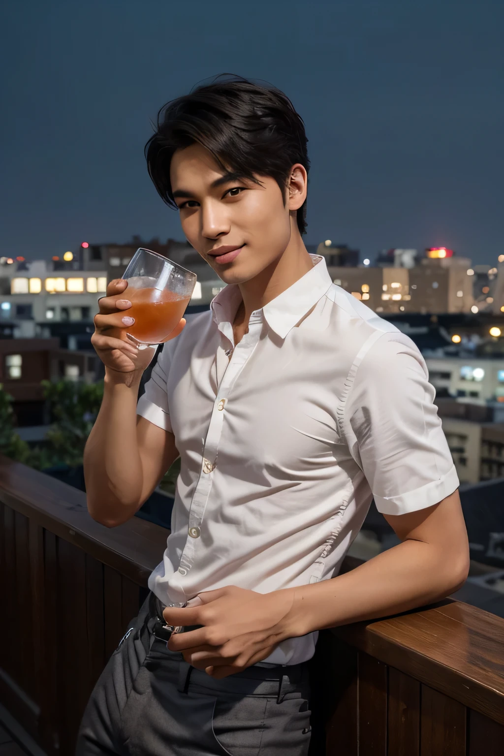 young East Asian male model with smooth, fair skin and a slight smile. He has short, styled black hair with a slight wave and almond-shaped eyes. His nose is small and straight, and his lips are thin and naturally pink. The model is at a trendy rooftop bar at night, with city lights twinkling in the background. He’s dressed in a smart, casual outfit with a fitted shirt and slim trousers. His hair is styled perfectly, and he has a confident, charming smile as he holds a drink in his hand. High quality hand