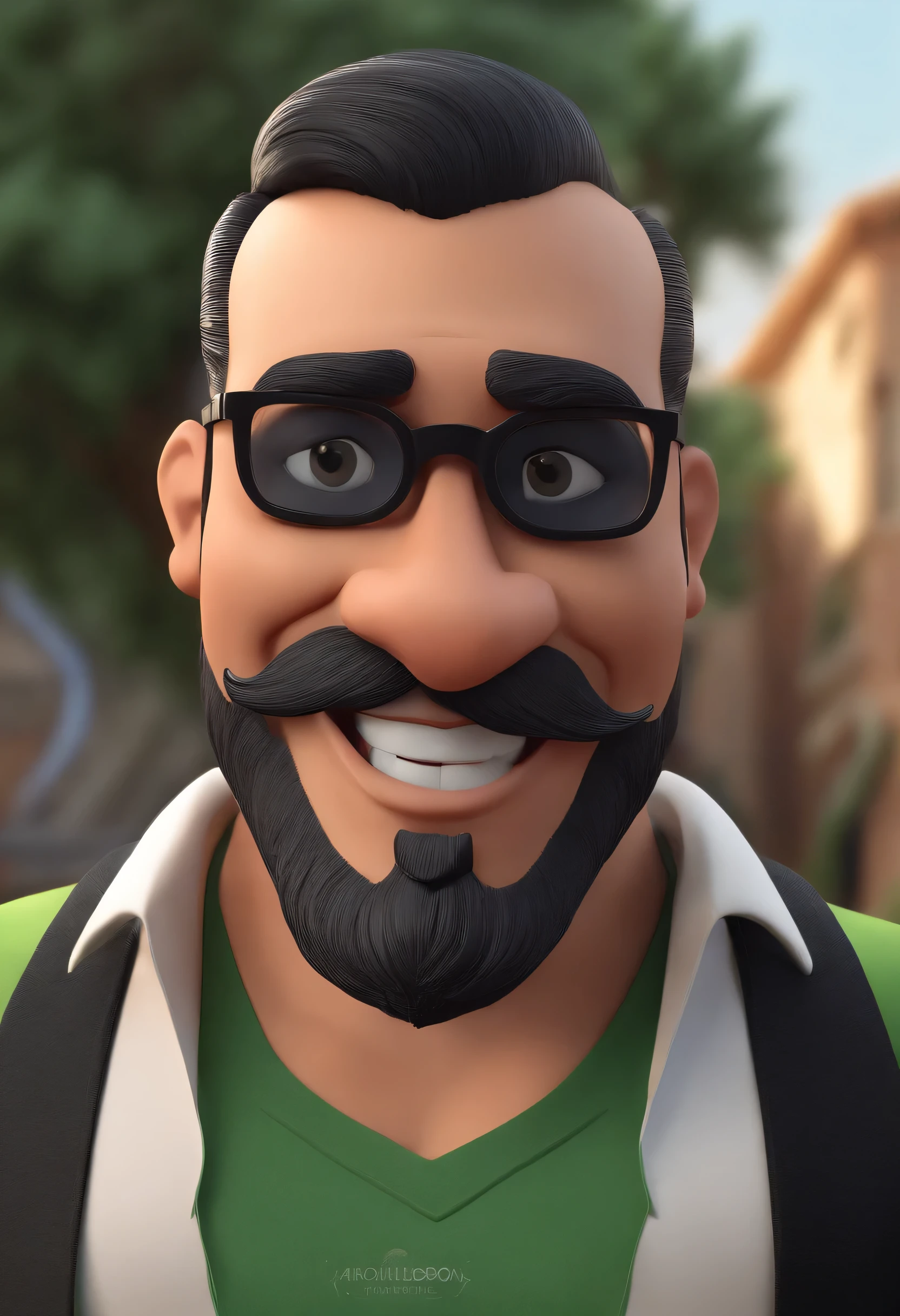 Cartoon character of a man with black glasses and a black polo shirt, cabelo liso, With a beard and old school tattoo on his arm, sorridente e bonito, animation character, Caractere estilizado, animation style rendering, 3D estilizado, Arnold Maya rendering, Stylized 3D rendering, toon render screenshot, Personagem 3D, Personagem 3D, Stylized 3D rendering, 3D character rendering, personagem de desenho animado, Personagem de close up, Pose de personagem, (Estilo Pixar) (parte mestre:1.2) (Bokeh) (melhor qualidade) (pele detalhada) (textura detalhada) (8K) (argila) (cinematic lighting) (sharp focus
