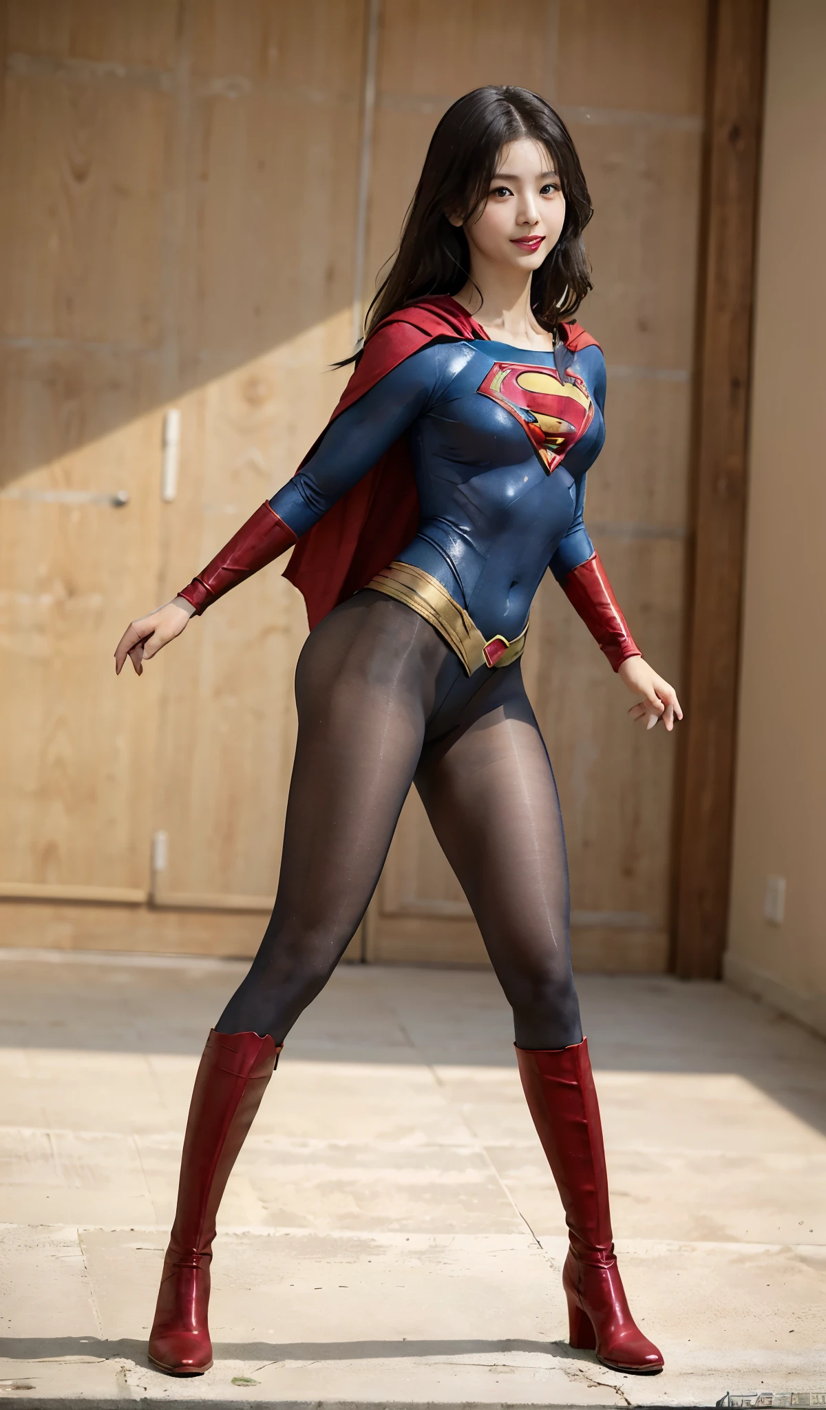 No background、(((tall、Good style)))、(((Beautiful legs in black tights.)))、(((Legally express the beauty of your smile)))、((((Make the most of your original images)))、(((Supergirl Costume)))、(((Beautiful Hair)))、(((suffering)))、(((Please wear black tights....、Wear red boots)))、((Best image quality、8k))、((highest quality、8k、masterpiece:1.3))、(((Preserve background )))、Sharp focus:1.2、Beautiful woman with perfect figure:1.4、Slim Abs:1.2、Wet body:1.5、Highly detailed face and skin texture、8k