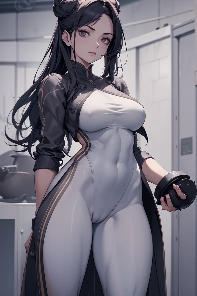 Obra de arte, melhor qualidade, agrias, gray sweater, collant preto, standing, olhando para o espectador, juri han,belas coxas,roupa azul,olhar penetrante,evil look,oculos no rosto,melhor qualidade,best quality,looking at viewer
