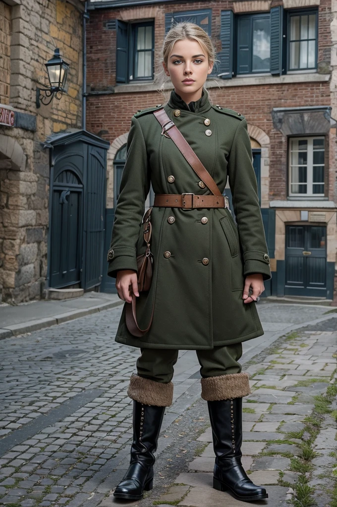 Masterpiece, A 25 years old girl, Tall stature, small breasts, Closed mouth, Slavic appearance with Green eyes, blond hair, Sharp facial features, Dimples on the chin; Straight nose; High nose; pronounced high cheekbones; High forehead, in a soldier uniform: Dark green double-breasted coat，With 6 buckles; Gray pants; high black boots; Black leather gloves, Stand in the middle of the street, Image background: A stone-paved road，Above it are European stone houses from the first half of the 20th century; Costumed man of the mid-20th century, High quality shadows, High quality of light, High quality clothing, max detail, 16K, ultra high res.photorealistic, UHD, RAW, DSLR