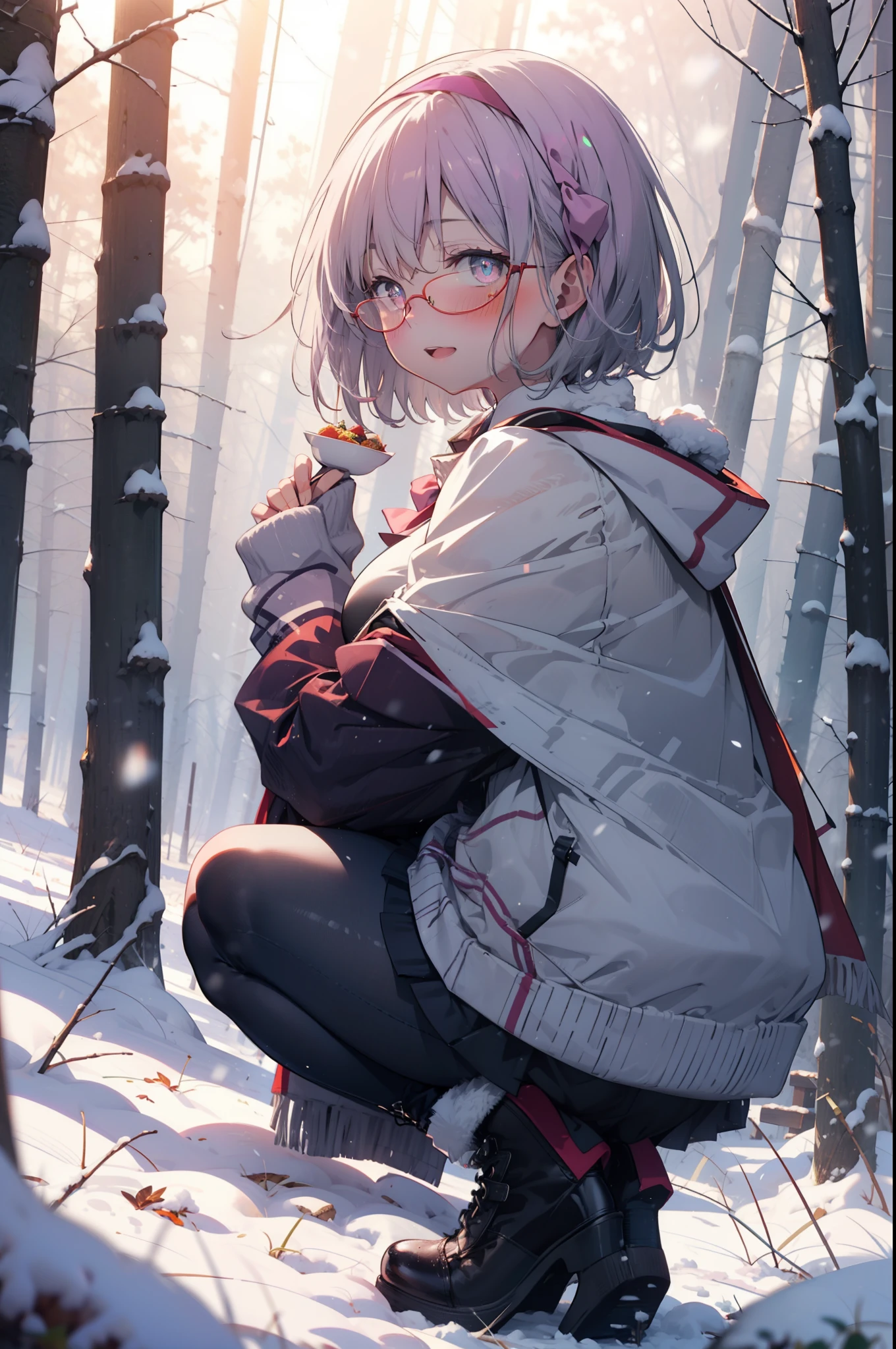 akaneshinjou, shinjou akane, Light purple hair, (Pink Eyes:1.2), short hair,Akagi Glasses,hair band,smile,blush,White Breath,Big Breasts,
Open your mouth,snow,Ground bonfire, Outdoor, boots, snowing, From the side, wood, suitcase, Cape, Blurred, having meal, forest, White handbag, nature, Squat, Mouth closed, Cape, winter, Written boundary depth, Black shoes, red Cape break looking at viewer, Upper Body, whole body, break Outdoor, forest, nature, break (masterpiece:1.2), Highest quality, High resolution, unity 8k wallpaper, (shape:0.8), (Beautiful and beautiful eyes:1.6), Highly detailed face, Perfect lighting, Highly detailed CG, (Perfect hands, Perfect Anatomy),