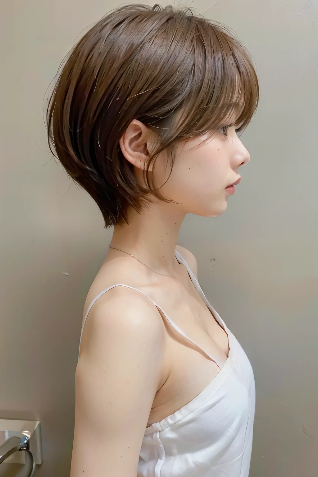 Photo seen from the side,(8k, RAW photo, best quality, masterpiece:1.2),natural lighting,small breast,(real human skin,finely detailed skin:1,4),upper body photo,((straight short hair,natural hair,transparent bangs,light brown hair:1,6)),white shirt,
