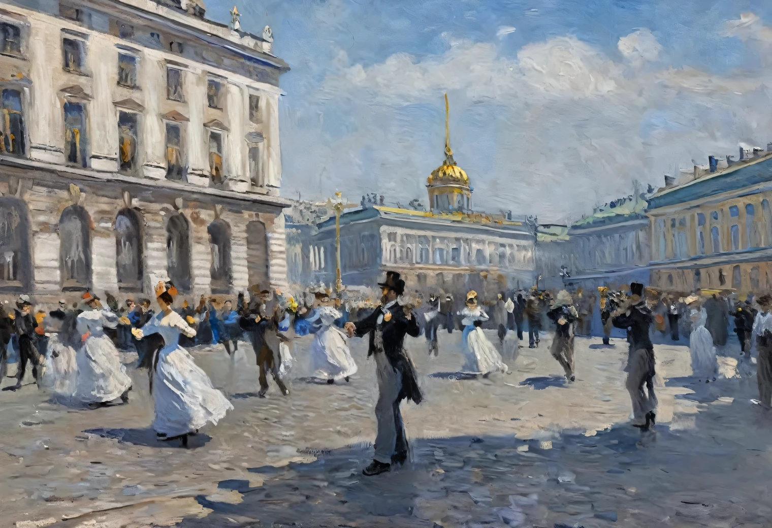 Painting by Claude Monet street dancer on the palace square of St. Petersburg, oil on canvas, full compliance with the style of Claude Monet