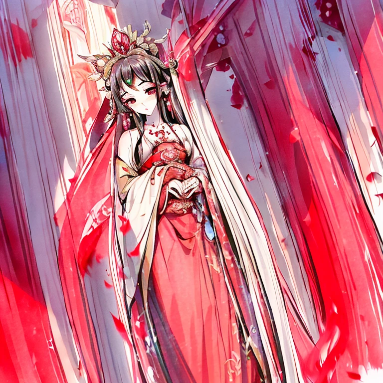 masterpiece, best quality,Princess in red martyred,Cool and beautiful temperament,Elegant hair accessories,Vomiting blood,The look of compassion makes people feel distressed,Beautiful eyebrows,Wearing ancient red dress standing on the high platform,Visual audience,Mid-chest,Perfect body proportions,4K