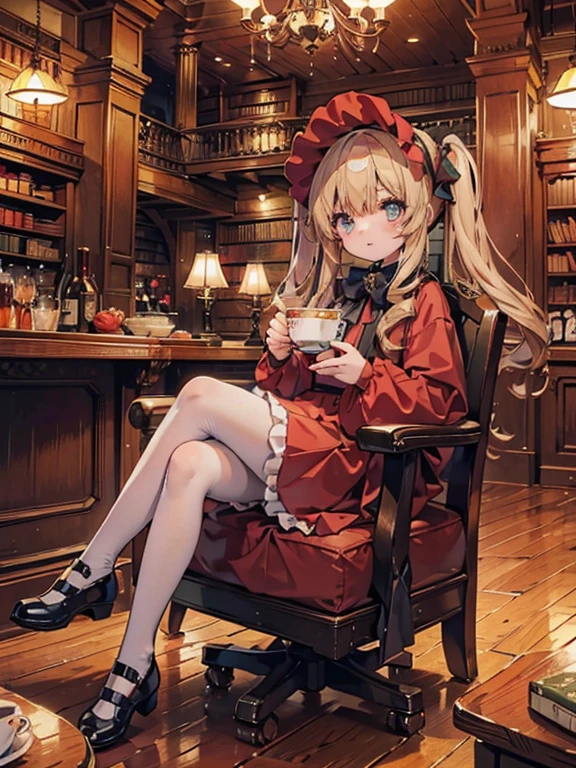 masterpiece, highest quality, Very detailed, 16k, Ultra-high resolution, Cowboy Shot, One 8--old l, Detailed face, Perfect Fingers, Golden Eyes, Blonde,  Original Costume, Twin tails, bonnet、Red dress、White pantyhose cup、Black shoes, Western-style building, libraryai, Sit in a luxurious chair, Drinking tea