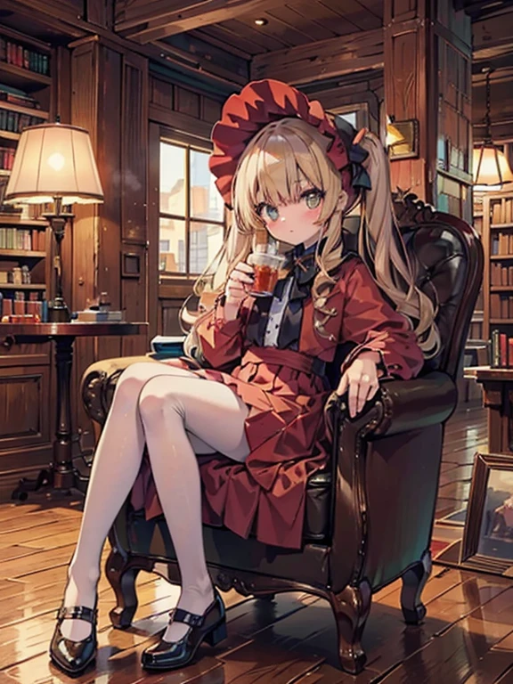 masterpiece, highest quality, Very detailed, 16k, Ultra-high resolution, Cowboy Shot, One ***************, Detailed face, Perfect Fingers, Golden Eyes, Blonde,  Original Costume, Twin tails, bonnet、Red dress、White pantyhose cup、Black shoes, Western-style building, libraryai, Sit in a luxurious chair, Drinking tea