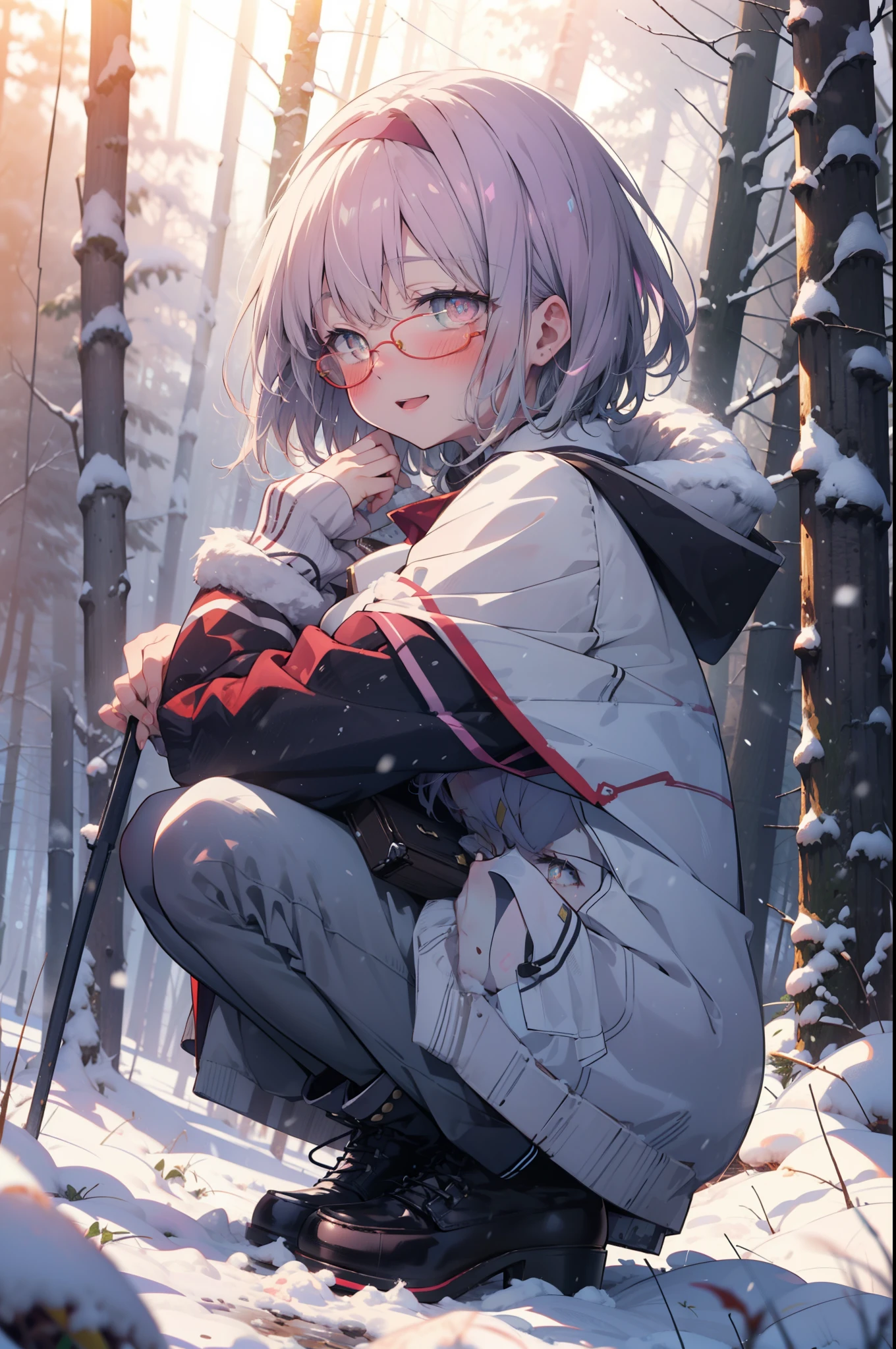 akaneshinjou, shinjou akane, Light purple hair, (Pink Eyes:1.2), short hair,Akagi Glasses,hair band,smile,blush,White Breath,Big Breasts,
Open your mouth,snow,Ground bonfire, Outdoor, boots, snowing, From the side, wood, suitcase, Cape, Blurred, having meal, forest, White handbag, nature,  Squat, Mouth closed, Cape, winter, Written boundary depth, Black shoes, red Cape break looking at viewer, Upper Body, whole body, break Outdoor, forest, nature, break (masterpiece:1.2), Highest quality, High resolution, unity 8k wallpaper, (shape:0.8), (Beautiful and beautiful eyes:1.6), Highly detailed face, Perfect lighting, Highly detailed CG, (Perfect hands, Perfect Anatomy),