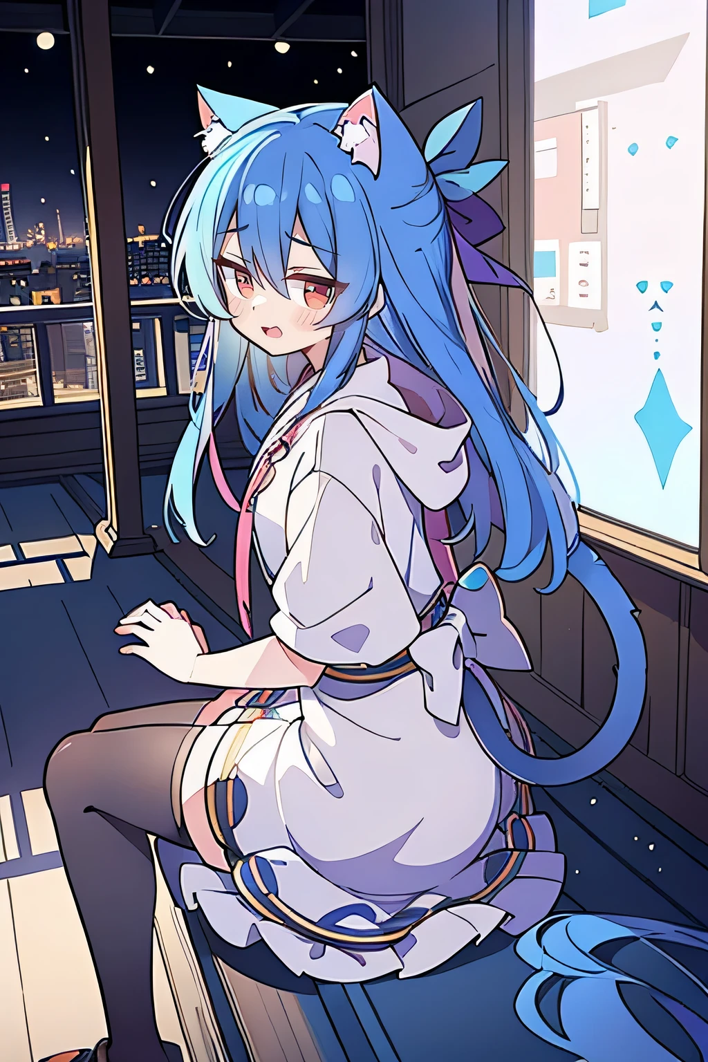 (masterpiece:1.2),Super detailed,lifelike,Expressive eyes,fair skin,perfect face shape,1 girl,
Japanese comics,Gorgeous blue hair,flowing blue hair,flowing clothes,Cat ears,Petals fall,beautiful lola,Baby Angel,
Cross your legs,Gentle and peaceful background,The pavilion is cool and comfortable,smile, wearing hoodie, background of tokyo,back views,snowing, winter,sad face ,crying.