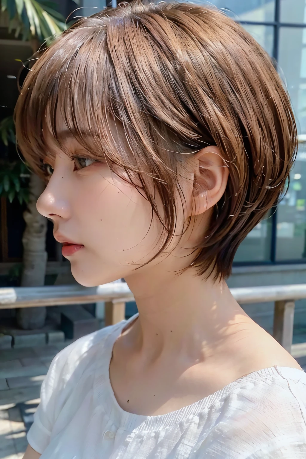 Photo seen from the side,(8k, RAW photo, best quality, masterpiece:1.2),natural lighting,small breast,(real human skin,finely detailed skin:1,4),upper body photo,((straight short hair,natural hair,transparent bangs,light brown hair:1,6)),white shirt,
