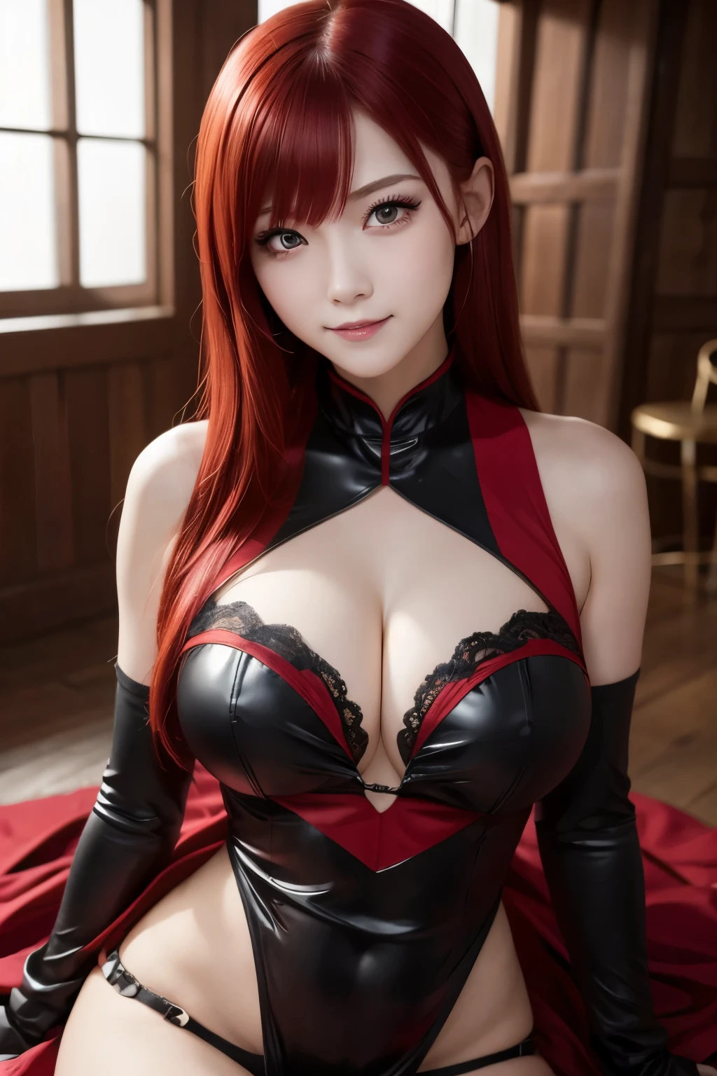 Masterpiece, Best Quality, Hi-Res, One Girl, Solo, Redhead, Red Eyes, Evil Smile, Red and Black Costume,