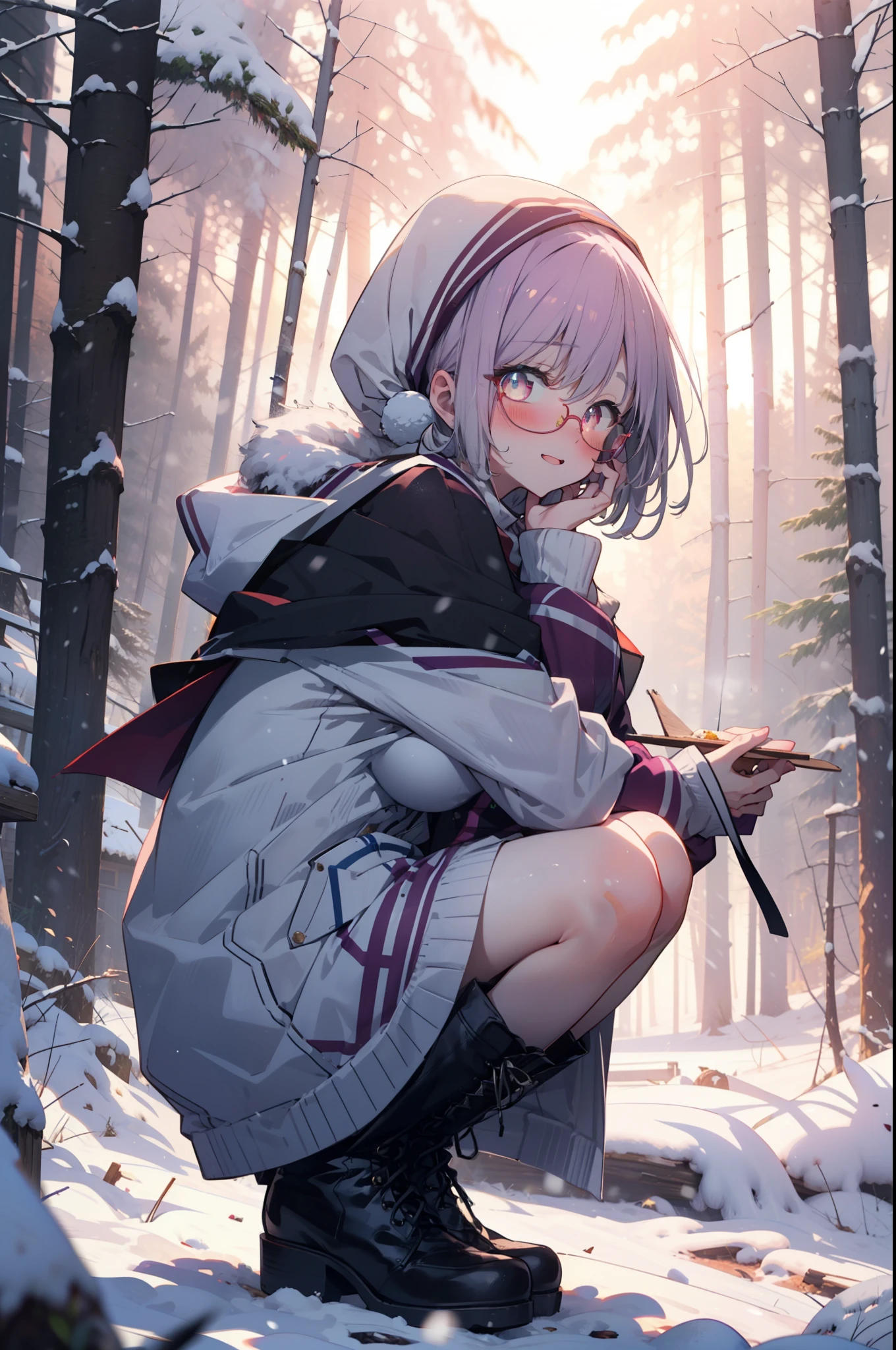 akaneshinjou, shinjou akane, Light purple hair, (Pink Eyes:1.2), short hair,Akagi Glasses,hair band,smile,blush,White Breath,Big Breasts,
Open your mouth,snow,Ground bonfire, Outdoor, boots, snowing, From the side, wood, suitcase, Cape, Blurred, having meal, forest, White handbag, nature,  Squat, Mouth closed, Cape, winter, Written boundary depth, Black shoes, red Cape break looking at viewer, Upper Body, whole body, break Outdoor, forest, nature, break (masterpiece:1.2), highest quality, High resolution, unity 8k wallpaper, (shape:0.8), (Beautiful and beautiful eyes:1.6), Highly detailed face, Perfect lighting, Extremely detailed CG, (Perfect hands, Perfect Anatomy),