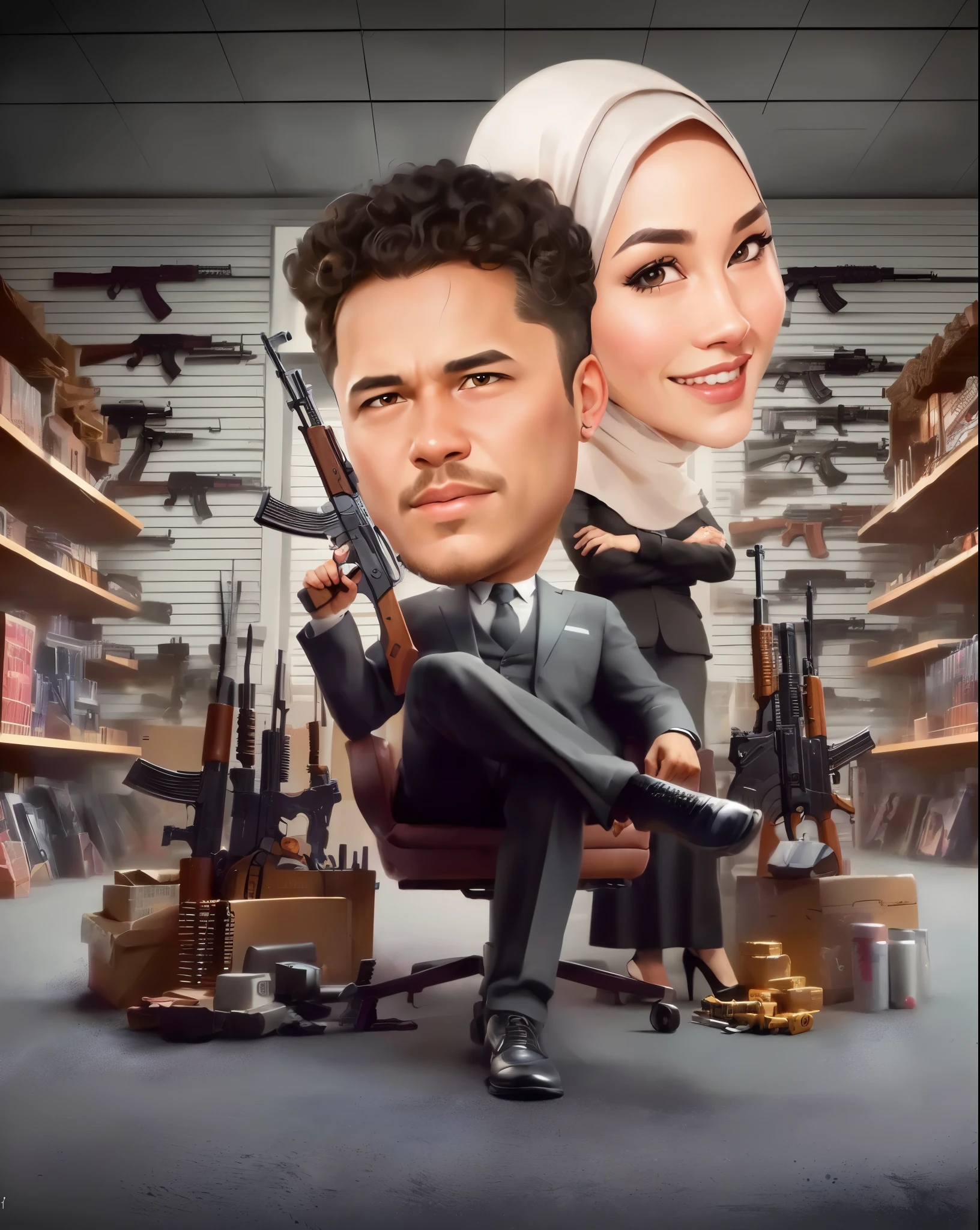 cartoon of A man with curly hair,and woman Wearing the hijab sitting in a chair with guns, by Abidin Dino, caricature illustration, in cartoon style, official illustration, inspired by Rudy Siswanto, realistic cartoon, by Eddie Mendoza, official fanart, caricature style, official poster, cartoon style illustration, armed and dangerous, by Daryush Shokof, movie artwork, caricature, armed