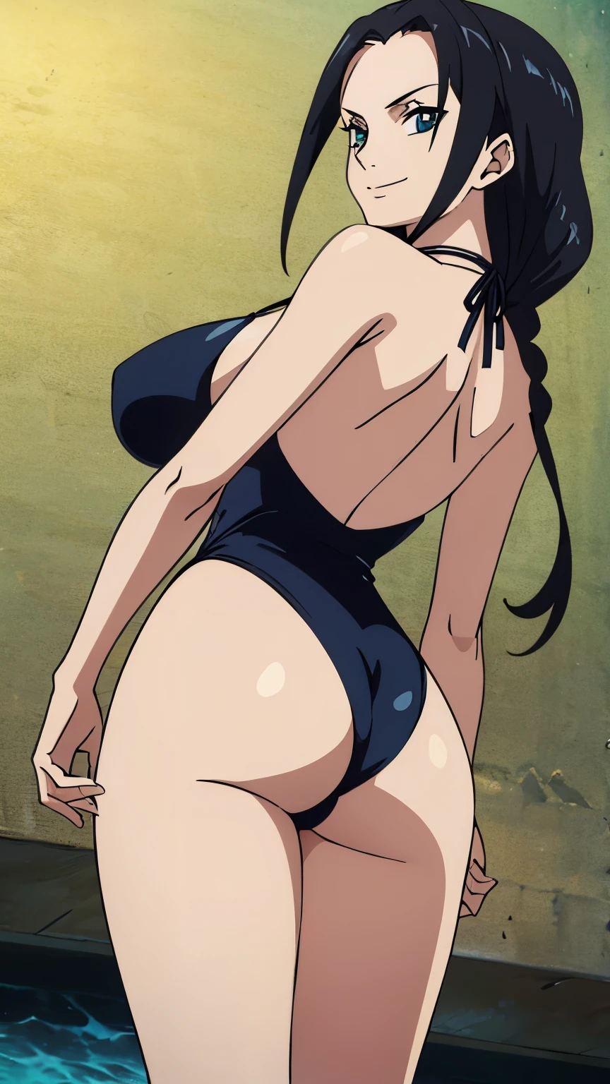 (Best quality, 8k, high resolution, masterpiece:1.2), Ultra detailed, Anime art style, Fine details, Dynamic angles, Black Hair, Big breasts,20s women's style, mature women, glamour,Beautiful character design, Perfect eyes, Perfect face, Expressive eyes, Perfect balance, (swimsuit, beach, from below, from behind, butt sticking out, smile, sideways glance: 1.3), Looking at viewer, In the center of the image, Cowboy shot,