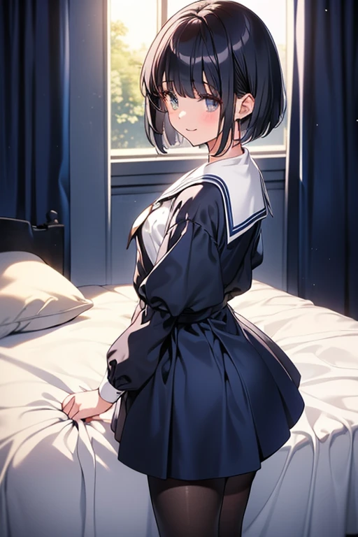 highest quality, 8K,(one girl:1.3),(sharp bob),Navy Hair,light Blue Eyes,seductive smile,Black Pantyhose, Blue short skirt,White blouse,Almond-shaped eyes,close mouth,Fancy Room,make out,fidgety,from side,(tall stature:1.1),shy,