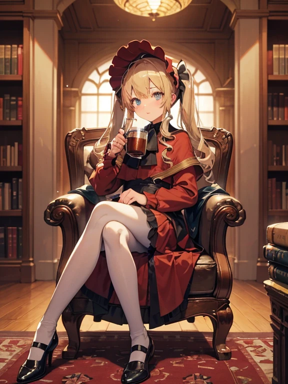 masterpiece, highest quality, Very detailed, 16k, Ultra-high resolution, Cowboy Shot, One 8--old l, Detailed face, Perfect Fingers, Golden Eyes, Blonde,  Original Costume, Twin tails, bonnet、Red dress、White pantyhose cup、Black shoes, Western-style building, libraryai, Sit in a luxurious chair, Drinking tea