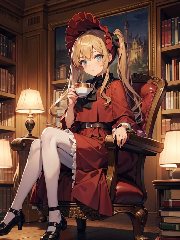 masterpiece, highest quality, Very detailed, 16k, Ultra-high resolution, Cowboy Shot, One 8--old l, Detailed face, Perfect Fingers, Golden Eyes, Blonde,  Original Costume, Twin tails, bonnet、Red dress、White pantyhose cup、Black shoes, Western-style building, libraryai, Sit in a luxurious chair, Drinking tea