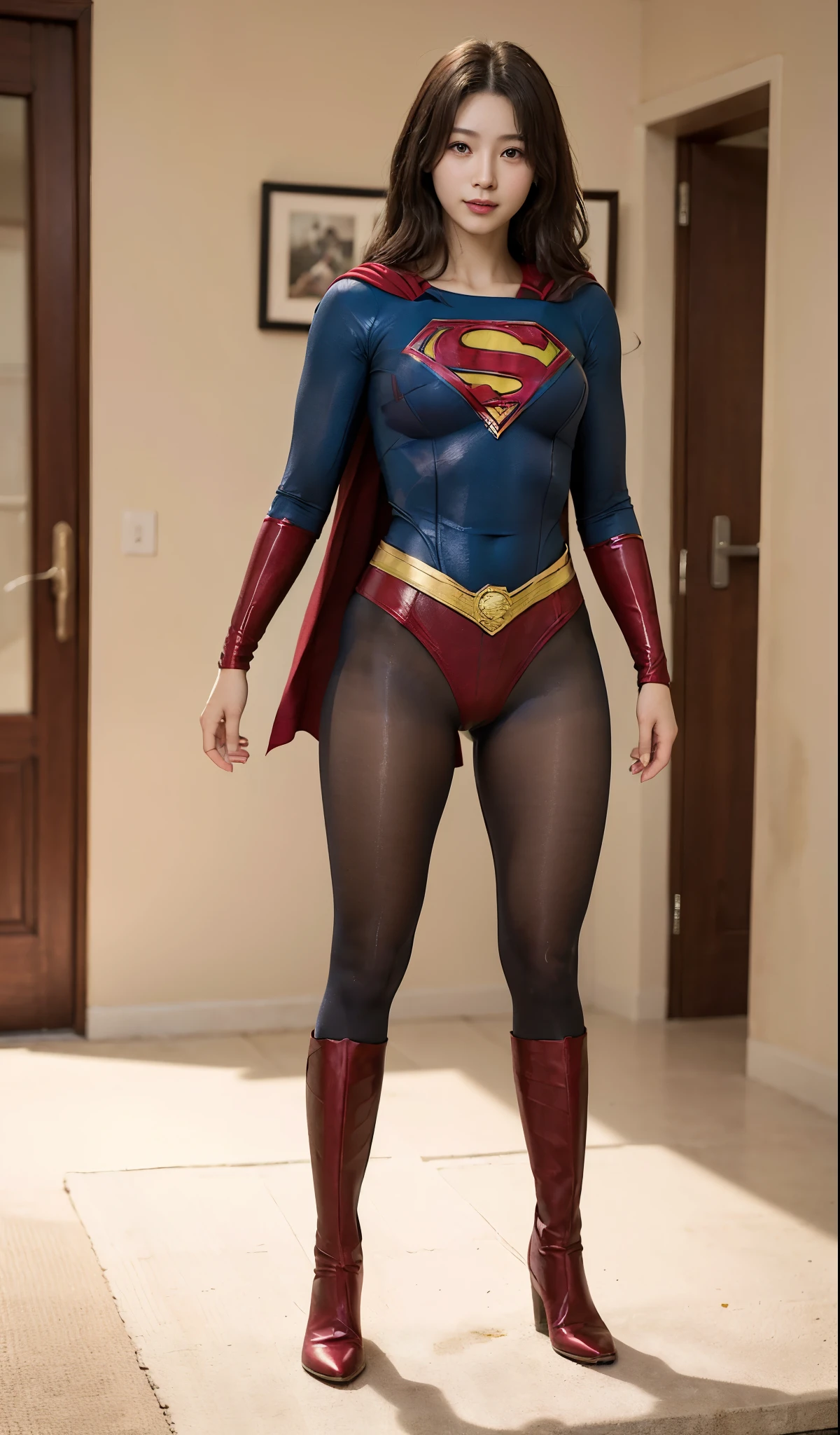 No background、(((Beautiful legs in black tights.)))、(((Legally express the beauty of your smile)))、((((Make the most of your original images)))、(((Body-fitting Supergirl costume)))、(((Supergirl Costume)))、(((Beautiful Hair)))、(((suffering)))、(((Please wear black tights....、Wear red boots)))、((Best image quality、8k))、((highest quality、8k、masterpiece:1.3))、(((Preserve background )))、Sharp focus:1.2、Beautiful woman with perfect figure:1.4、Slim Abs:1.2、Wet body:1.5、Highly detailed face and skin texture、8k