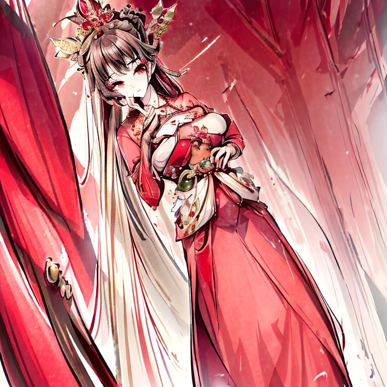 masterpiece, best quality,Princess in red martyred,Cool and beautiful temperament,Elegant hair accessories,Vomiting blood,The look of compassion makes people feel distressed,Beautiful eyebrows,Wearing ancient red dress standing on the high platform,Visual audience,Mid-chest,Perfect body proportions,4K