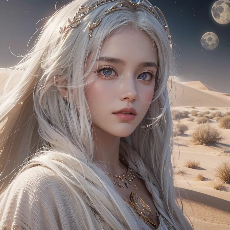 (highest quality、masterpiece、8k、Best image quality、Ultra-high resolution、Award-winning works)、A beautiful white-haired woman watches us from afar in the desert, Where light shines from the moon.、Ancient Islamic clothing、Beautiful face drawn in every detail