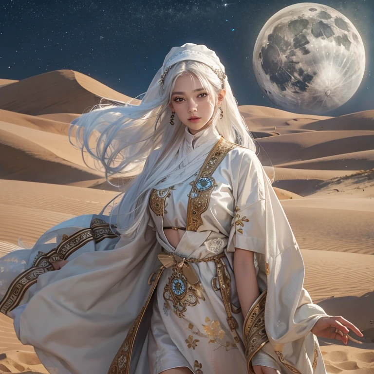 (highest quality、masterpiece、8k、Best image quality、Ultra-high resolution、Award-winning works)、A beautiful white-haired woman watches us from afar in the desert, Where light shines from the moon.、Ancient Islamic clothing、Beautiful face drawn in every detail