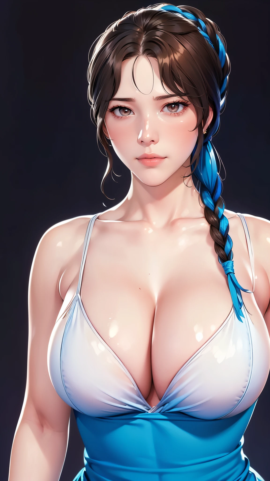 （（（完美figure，figure，solo， White and tender skin，（（（Cyberpunk，blue dress,bare shoulders, clothing cutout, sleeveless dress,））），（（（brown eyes, braid, long hair, braided ponytail, single braid,  hair over shoulder, bangs, blush, lips））），((masterpiece)),high resolution, ((Best quality at best))，masterpiece，quality，Best quality，（（（ Exquisite facial features，Looking at the audience,There is light in the eyes，(（（Smile，confidence））），型figure:1.7））），（（（Light and shadow，Huge breasts））），（（（Looking at the camera，black background，)）））