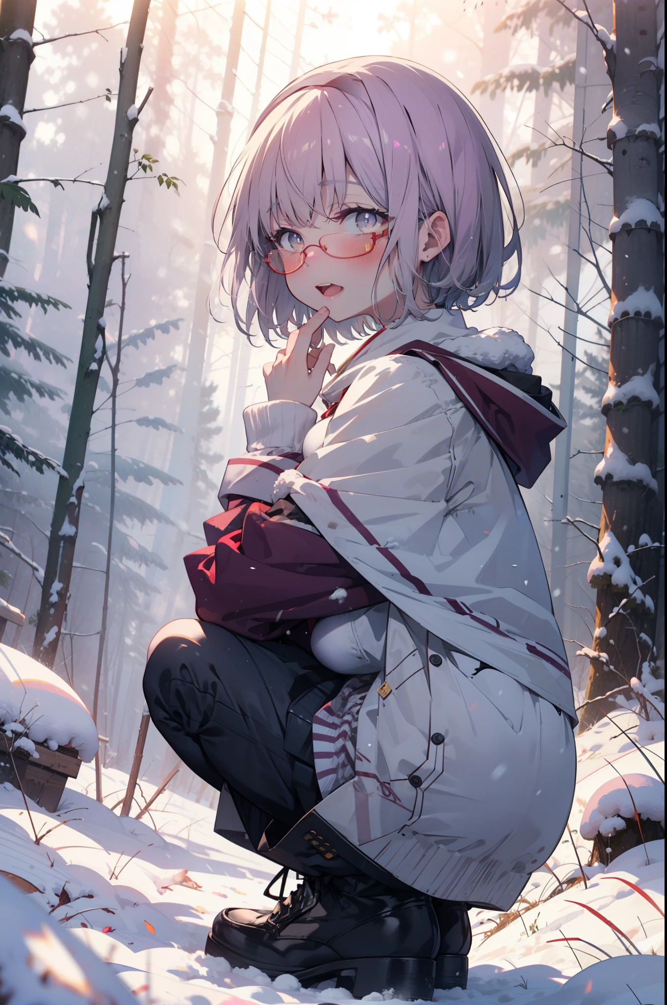 akaneshinjou, shinjou akane, Light purple hair, (Pink Eyes:1.2), short hair,Akagi Glasses,hair band,smile,blush,White Breath,Big Breasts,
Open your mouth,snow,Ground bonfire, Outdoor, boots, snowing, From the side, wood, suitcase, Cape, Blurred, having meal, forest, White handbag, nature,  Squat, Mouth closed, Cape, winter, Written boundary depth, Black shoes, red Cape break looking at viewer, Upper Body, whole body, break Outdoor, forest, nature, break (masterpiece:1.2), highest quality, High resolution, unity 8k wallpaper, (shape:0.8), (Beautiful and beautiful eyes:1.6), Highly detailed face, Perfect lighting, Extremely detailed CG, (Perfect hands, Perfect Anatomy),