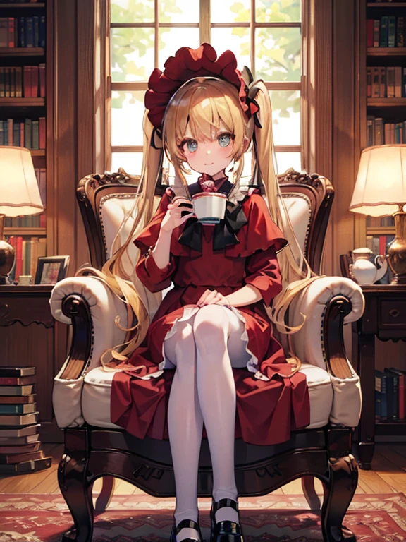 masterpiece, highest quality, Very detailed, 16k, Ultra-high resolution, Cowboy Shot, One ***************, Detailed face, Perfect Fingers, Golden Eyes, Blonde,  Original Costume, Twin tails, bonnet、Red dress、White pantyhose cup、Black shoes, Western-style building, libraryai, Sit in a luxurious chair, Drinking tea