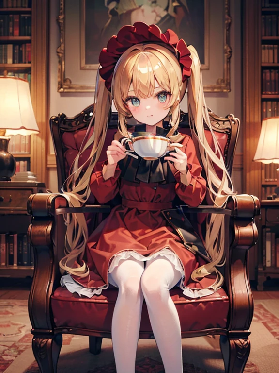 masterpiece, highest quality, Very detailed, 16k, Ultra-high resolution, Cowboy Shot, One ***************, Detailed face, Perfect Fingers, Golden Eyes, Blonde,  Original Costume, Twin tails, bonnet、Red dress、White pantyhose cup、Black shoes, Western-style building, libraryai, Sit in a luxurious chair, Drinking tea