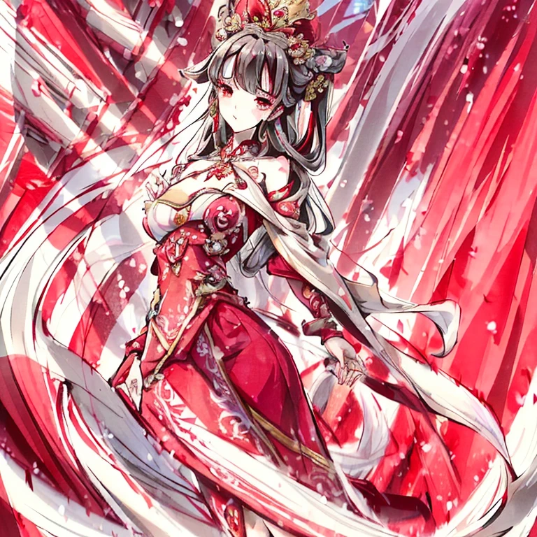 masterpiece, best quality,Princess in red martyred，Cool and beautiful temperament，Elegant hair accessories，Vomiting blood，The look of compassion makes people feel distressed，Beautiful eyebrows，Wearing ancient red dress standing on the high platform，Visual audience，Mid-chest，Perfect body proportions，4K