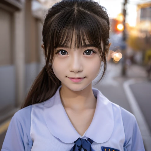 Cute 15 year old Japanese、On the road、Highly detailed face、Pay attention to the details、double eyelid、Beautiful thin nose、Sharp focus:1.2、Beautiful woman:1.4、Align your bangs、Pure white skin、highest quality、masterpiece、Ultra-high resolution、(Realistic:1.4)、Highly detailed and professional lighting、nice smile、Japanese school girl uniform、、