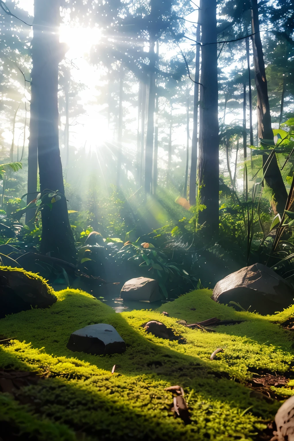 Empty background product photography,forest style, blue sky, sunlight, soft and ethereal, detailed, miniature, wood, HD, 8K, plants and trees on rocks, montage.8K