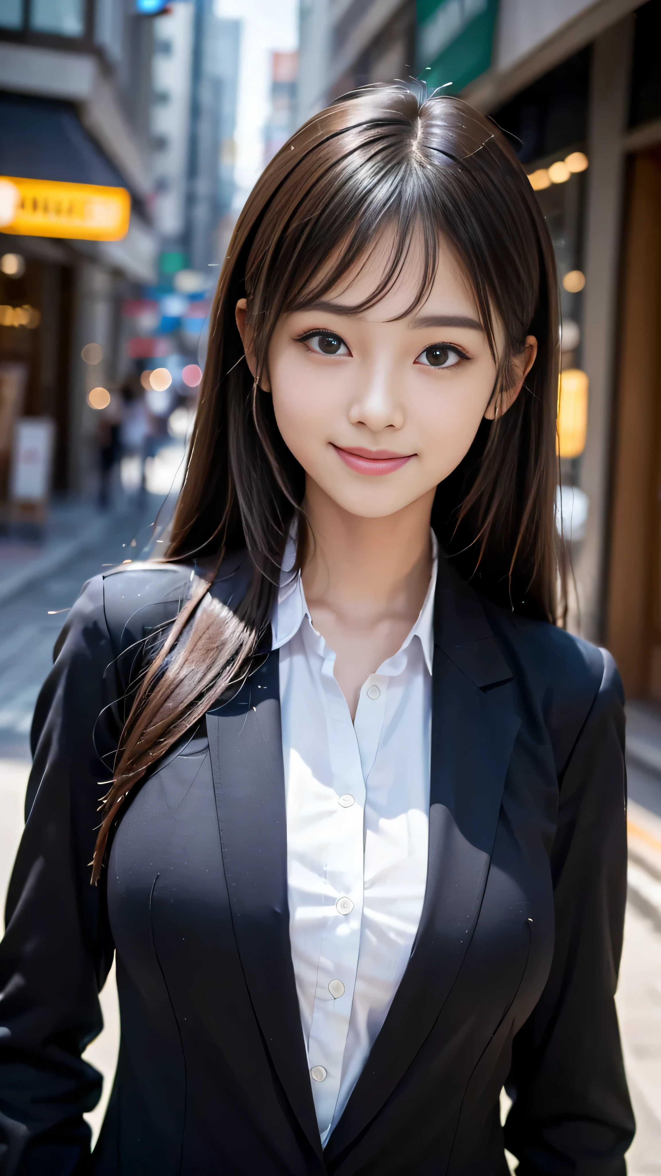 ((highest quality、Masterpiece、High resolution))、(((Zoom photo of upper body)))、A shy smile、s old、Large Breasts、high school girl、Black blazer、shirt、City of night、rain、Black Hair、Trimmed bangs、Straight Hair