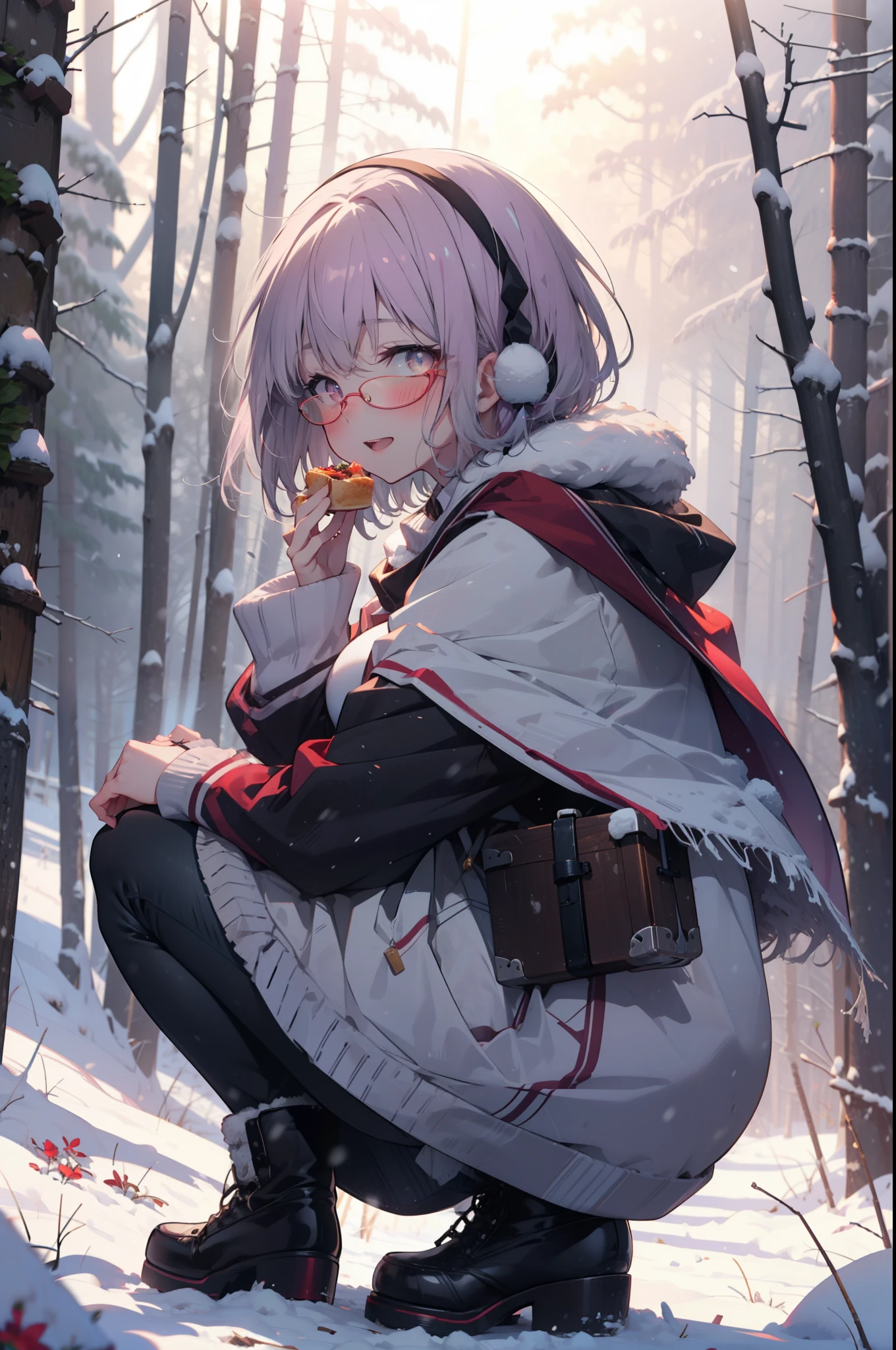 akaneshinjou, shinjou akane, Light purple hair, (Pink Eyes:1.2), short hair,Akagi Glasses,hair band,smile,blush,White Breath,Big Breasts,
Open your mouth,snow,Ground bonfire, Outdoor, boots, snowing, From the side, wood, suitcase, Cape, Blurred, having meal, forest, White handbag, nature, Squat, Mouth closed, Cape, winter, Written boundary depth, Black shoes, red Cape break looking at viewer, Upper Body, whole body, break Outdoor, forest, nature, break (masterpiece:1.2), highest quality, High resolution, unity 8k wallpaper, (shape:0.8), (Beautiful and beautiful eyes:1.6), Highly detailed face, Perfect lighting, Extremely detailed CG, (Perfect hands, Perfect Anatomy),