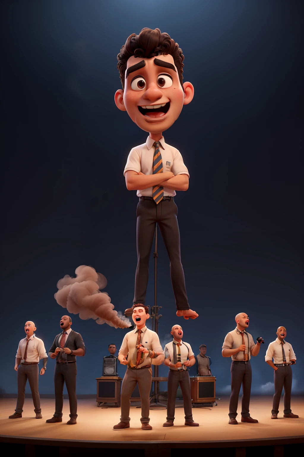 just Four men singers with toothpicks and ties, singing acapella into a vintage microphone, on a stage, with lights and smoke, a thin and tall bald black man, another short brunette with curly hair and a white streak in front, the other dark-skinned with straight hair tall with deep eyes, and the other dark-haired, straight-haired, tall and athletic