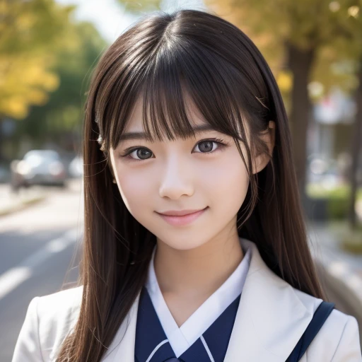 Cute 15 year old Japanese、On the road、Highly detailed face、Pay attention to the details、double eyelid、Beautiful thin nose、Sharp focus:1.2、Beautiful woman:1.4、Align your bangs、Pure white skin、highest quality、masterpiece、Ultra-high resolution、(Realistic:1.4)、Highly detailed and professional lighting、nice smile、Japanese school girl uniform、、
