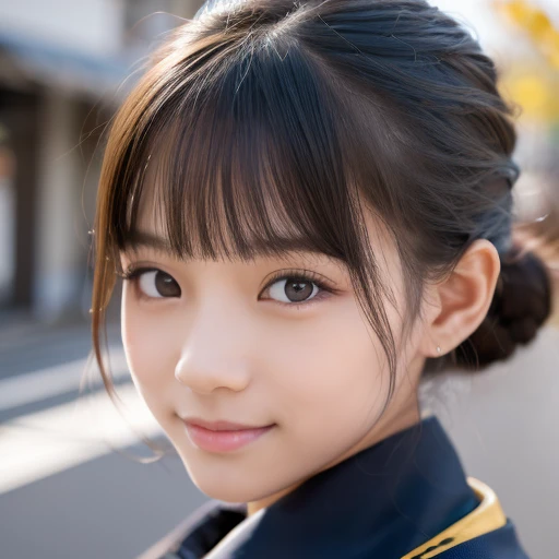 Cute 15 year old Japanese、On the road、Highly detailed face、Pay attention to the details、double eyelid、Beautiful thin nose、Sharp focus:1.2、Beautiful woman:1.4、Align your bangs、Pure white skin、highest quality、masterpiece、Ultra-high resolution、(Realistic:1.4)、Highly detailed and professional lighting、nice smile、Japanese school girl uniform、、