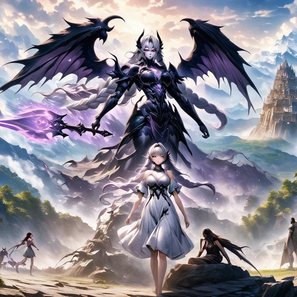 Death Demon,Dragon Island, Double braid girl,(White background:1.2)，Cartoon character with wings flying over woman in purple and white dress, Cool anime 8K, Devil anime girl,  white hair deity, Anime epic artwork, best anime 4k konachan wallpapers, angel knight girl, 2. 5D CGI anime fantasy artwork, Angels Watching the Devil, Anime Key Art, Eros and Thanatos, Dark Angel, Epic anime style, Ghost Hunters Art Style