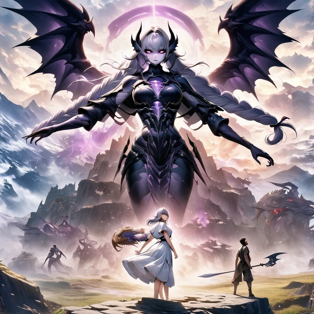 Death Demon,Dragon Island, Double braid girl,(White background:1.2)，Cartoon character with wings flying over woman in purple and white dress, Cool anime 8K, Devil anime girl,  white hair deity, Anime epic artwork, best anime 4k konachan wallpapers, angel knight girl, 2. 5D CGI anime fantasy artwork, Angels Watching the Devil, Anime Key Art, Eros and Thanatos, Dark Angel, Epic anime style, Ghost Hunters Art Style