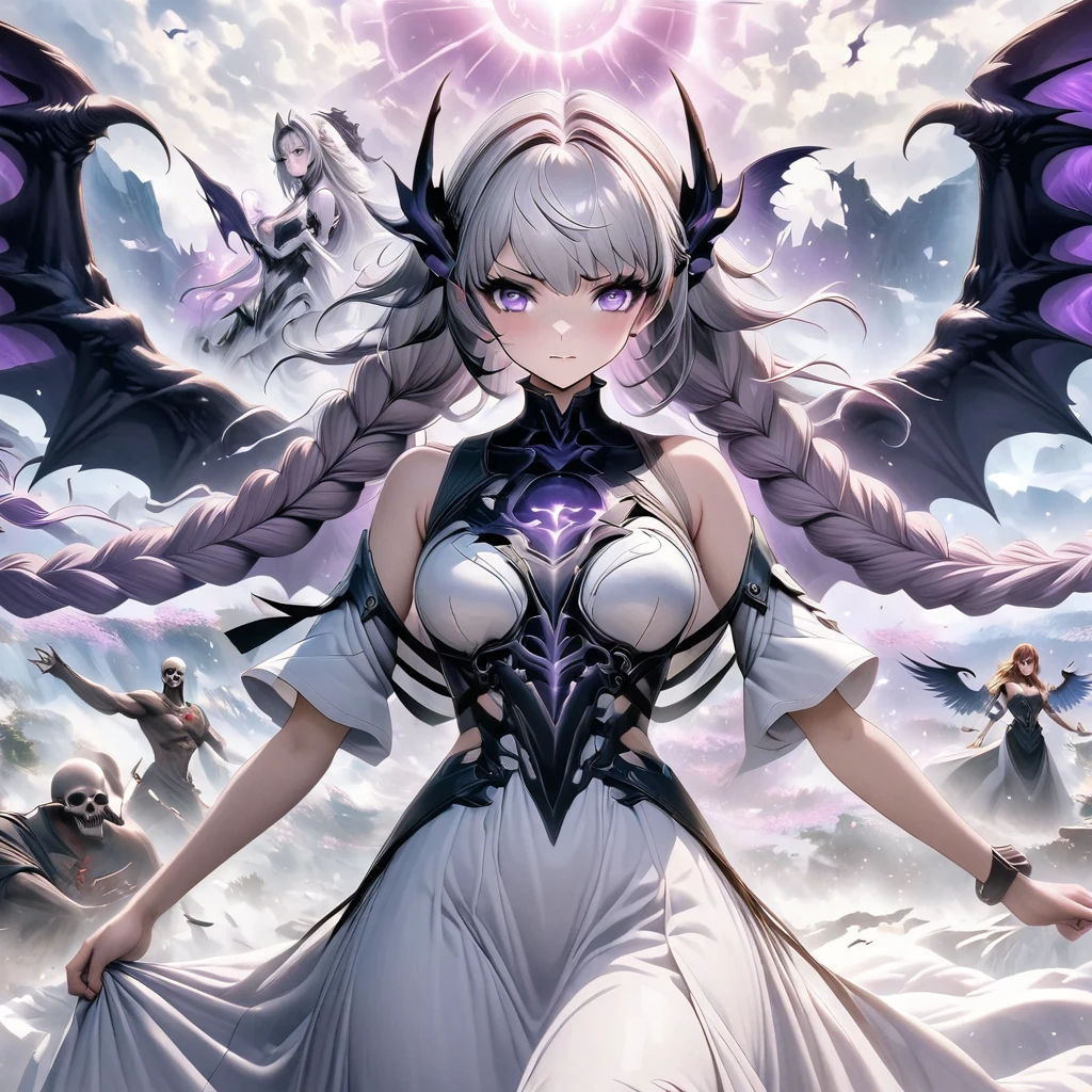 Death Demon,Dragon Island, Double braid girl,(White background:1.2)，Cartoon character with wings flying over woman in purple and white dress, Cool anime 8K, Devil anime girl,  white hair deity, Anime epic artwork, best anime 4k konachan wallpapers, angel knight girl, 2. 5D CGI anime fantasy artwork, Angels Watching the Devil, Anime Key Art, Eros and Thanatos, Dark Angel, Epic anime style, Ghost Hunters Art Style