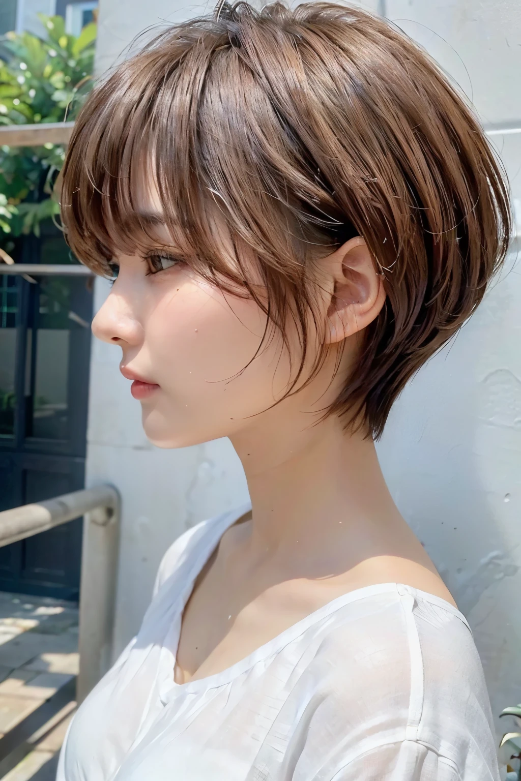 Photo seen from the side,(8k, RAW photo, best quality, masterpiece:1.2),natural lighting,small breast,(real human skin,finely detailed skin:1,4),upper body photo,((straight short hair,natural hair,transparent bangs,light brown hair:1,6)),white shirt,