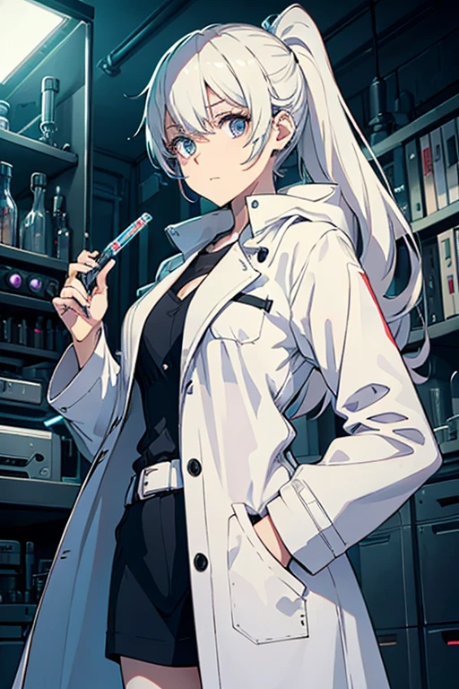 1lady,solo,cool,white coat,mad scientist,in labo,dark,darkness,neon,brilliant,have a test tube