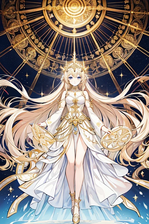 cute gold angel girl, gold hair, light blue eyes, full body tantra tatto, white metallic sexy Goddess costume, psychedelic healing meditation, Fantasy, beautiful concept art, Swirling Elemental, quality, UHD, from below, A mesmerizing masterpiece of the highest quality fractal art, Very delicate and vivid colors. This piece expresses the complex beauty of fractal patterns.。,And it captures the audience's attention with its fascinating complexity.. The colors are bright and eye-catching, Add movement to your piece. Every detail is meticulously rendered, Create an immersive experience for your audience. Fractal art is、A testament to the artist's skill and creativity, A stunning and captivating visual masterpiece brought to life.