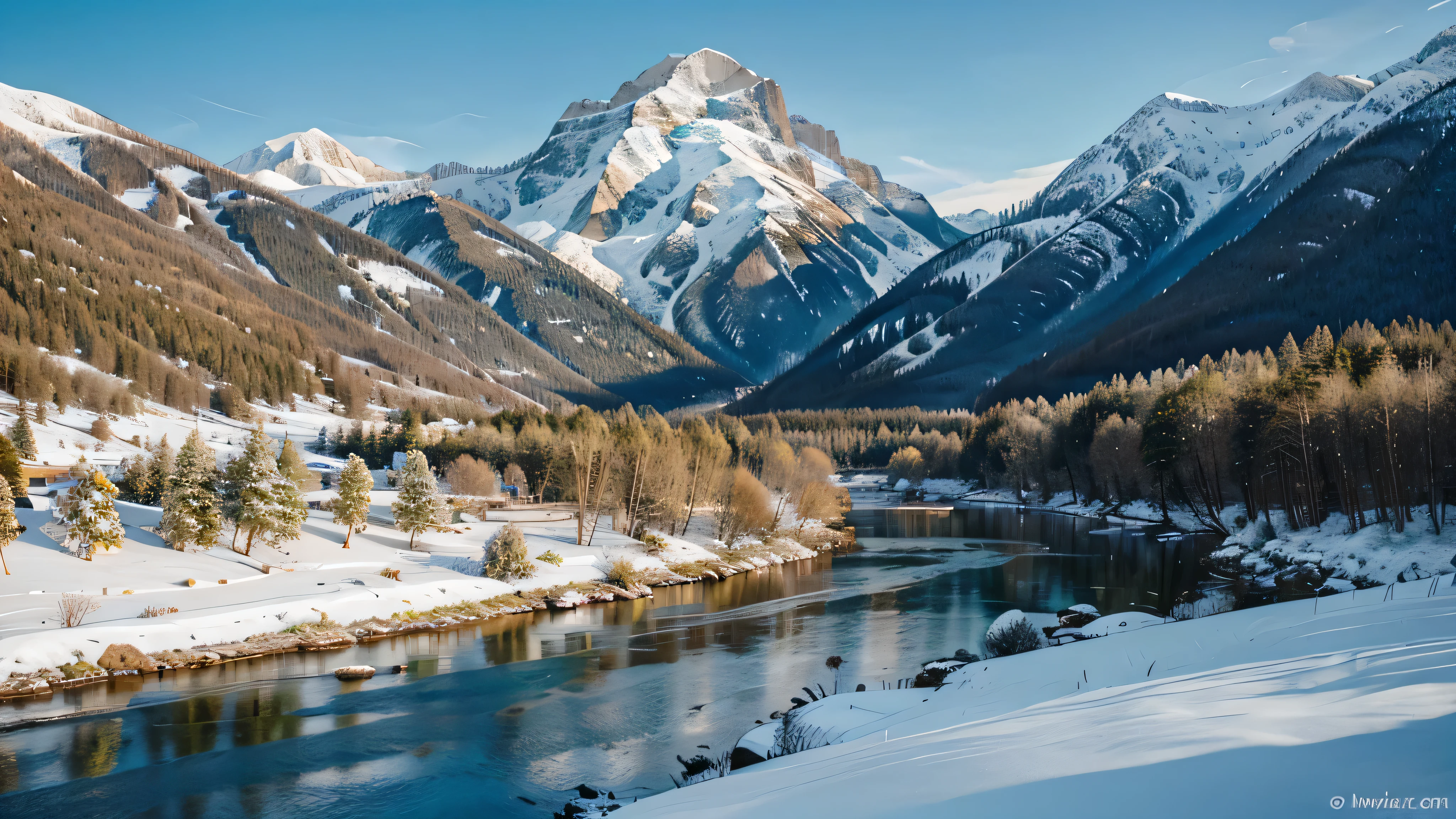 Draw a beautiful green landscape with rivers and mountains covered with snow.