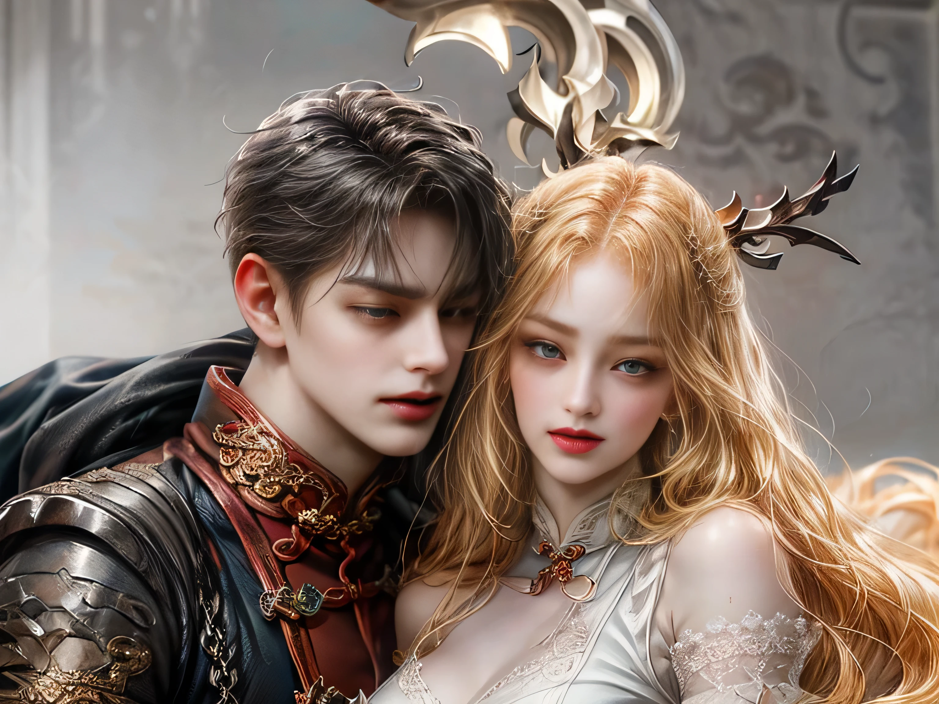 image of a man and woman kissing couple, digital painting by Ren Renf, Tumblr, fantasy art, xianxia fantasy, fox fantasy love, gorgeous art, love concept art, sha xi, 8k)), high quality fanart, chinese fantasy, beautiful art, lung, fan art, beautiful avatar pictures, Cai Xukun, 8k character details, high quality anime art, high quality illustration, detailed anime wallpapers, detailed anime art, hyper realistic, elegant, high quality realistic anime art, ((Finely drawn eyes)) [Perfectly detailed eyes((Beautiful eyes like jewels) drawn in great detail)[clearly drawn pupils]],[eye light[Precise eye lighting]],[long and beautiful eyelashes],[precisely drawn hair [Beautiful and shiny hair, detailed]], (Perfect hand-detailed [Beautiful fingers without damage [beautiful nails]]), (perfect anatomy (perfectly balanced proportions)) [[Full-length portrait]], [perfect color coordination (Accurate simulation of the interaction of light and materials)],([Precise detail](detailed, high)),[Visual art that tells a story],((highest quality)high [[High density drawing]])(4K quality)