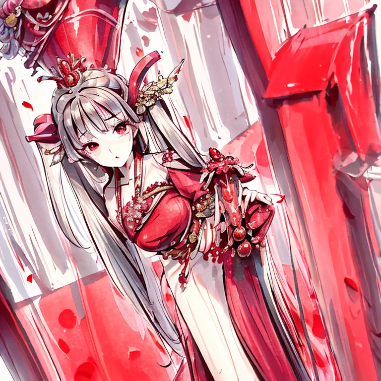 masterpiece, best quality,Princess in red martyred，Cool and beautiful temperament，Elegant hair accessories，Vomiting blood，The look of compassion makes people feel distressed，Beautiful eyebrows，Wearing ancient red dress standing on the high platform，Visual audience，Mid-chest，Perfect body proportions，4K