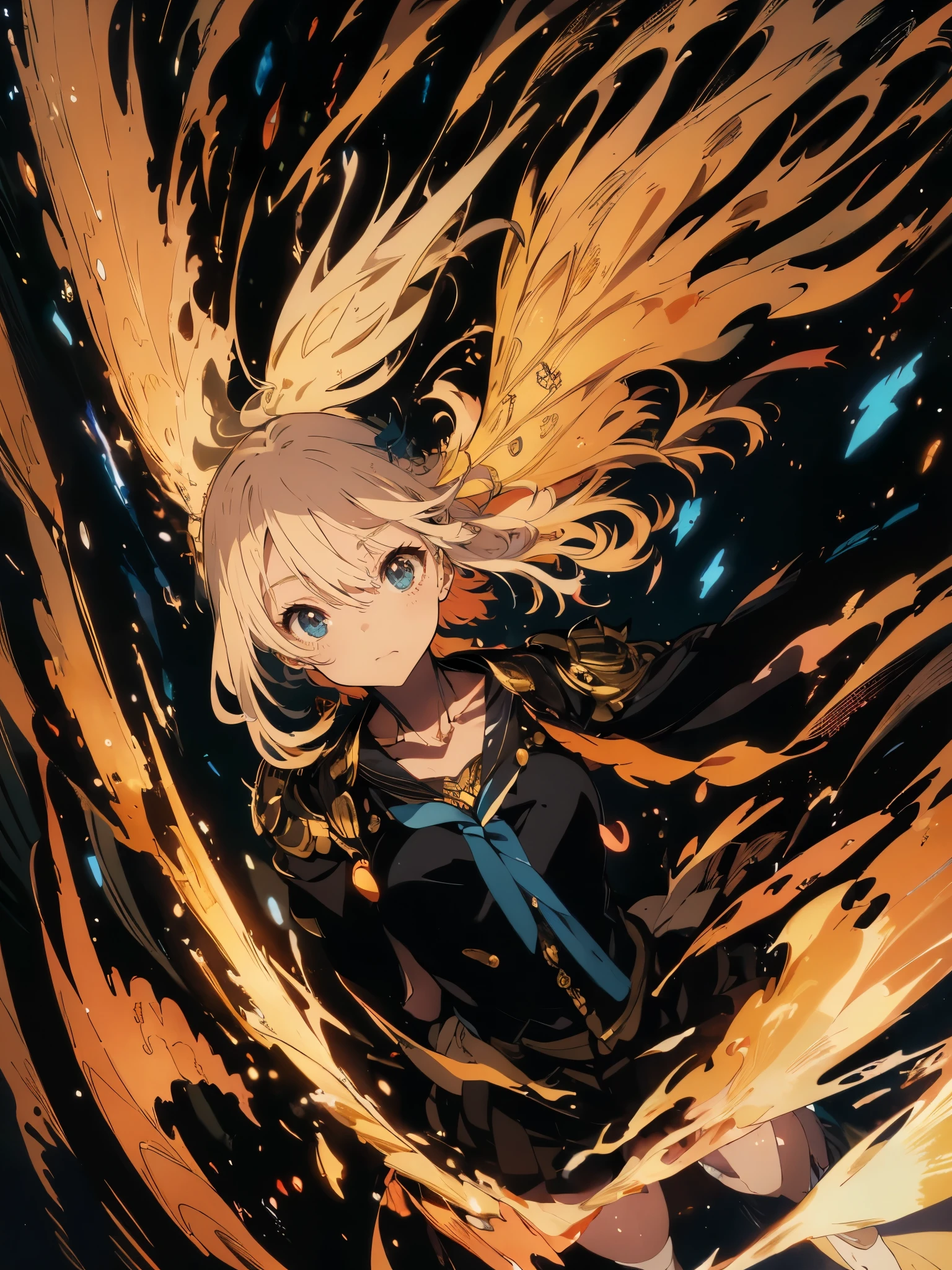 Angel with wings、Lolita blonde fights 、Absurd, goldの髪, Beautiful blue eyes,(Short Bob:1.5),高resolution, (Anime Style:1.4), ((highest quality)), (Super detailedしい), nature(Large Breasts:1.3)Blue Eyes,Magic気合いを創り出す、Original Costume、Magic 、reveal,Mastepiece,battlefield(1.5)、She is wearing a blue uniform.、燃えるgoldの髪 Accurate needle(Sun and Light. Cinematic.ighting)(Spectacular image quality)With bright light particles(Many effects in the background) Beautiful and fine details, Glowing Skin, resolution, (Anime Style:1.4)High Contrast, ((Mastepiece, highest quality)) (gold: 0.9),goldファイアブレイクプロダクションアート (Warm light source: 1.2),Intricate details, Volumetric Lighting, Realism Break (Mastepiece: 1.2) Super detailed (Dynamic Configuration: 1.4), Extremely detailed and colorful, (Brilliant lighting,Golden lighting), dream-like, Magic, (alone: 1.5) Perfect Fingers Pull your elbows back and get into position Clench your fist